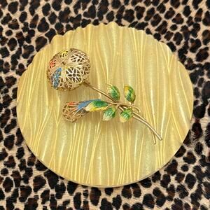 VINTAGE 1960s Goldtone Filigree Cage Flower & Bud Pin Multi-Color Enamel Work